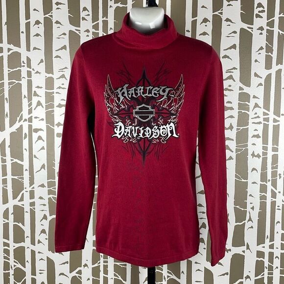 Harley-Davidson Y2K Turtleneck Studded Cotton Sweater Burgundy S - Picture 1 of 8